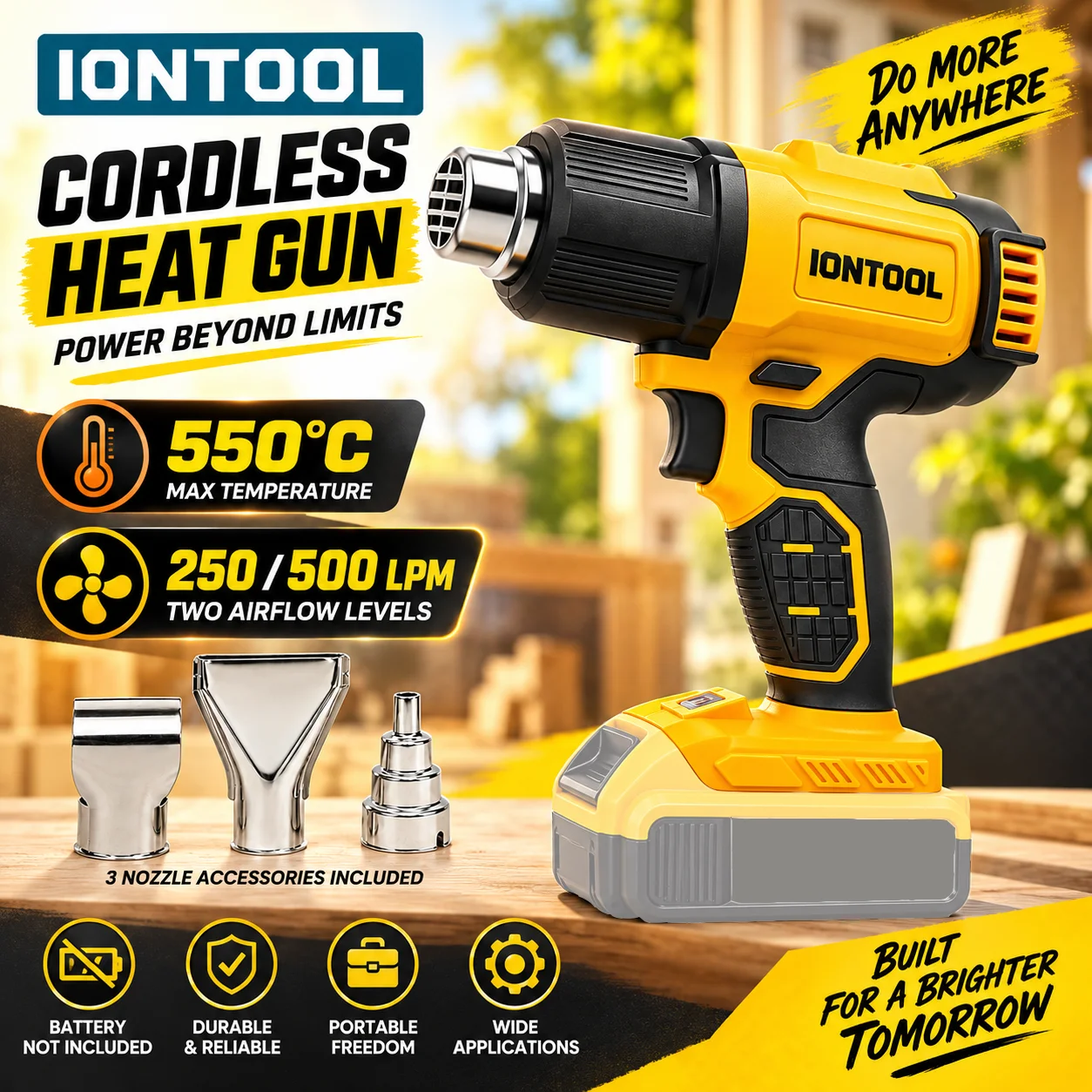 Cordless Heat Gun For Shrink Tubing - IONTOOL Yellow 550℃ Fast Heating Compact